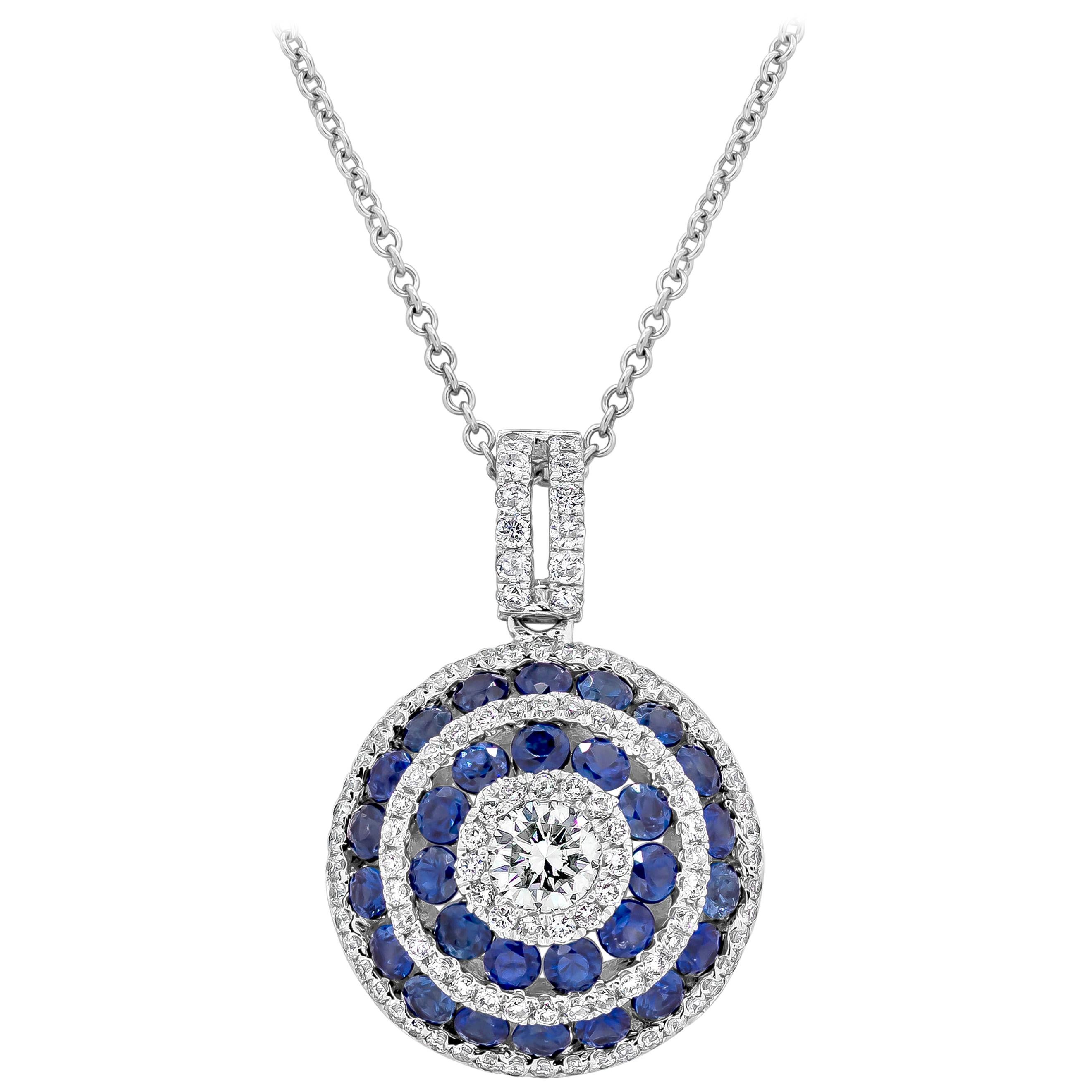 Round Diamond and Blue Sapphire Circle Pendant Necklace For Sale