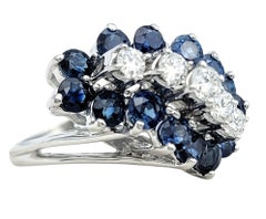 Round Diamond and Blue Sapphire Diagonal Cluster Motif Ring 14 Karat White Gold