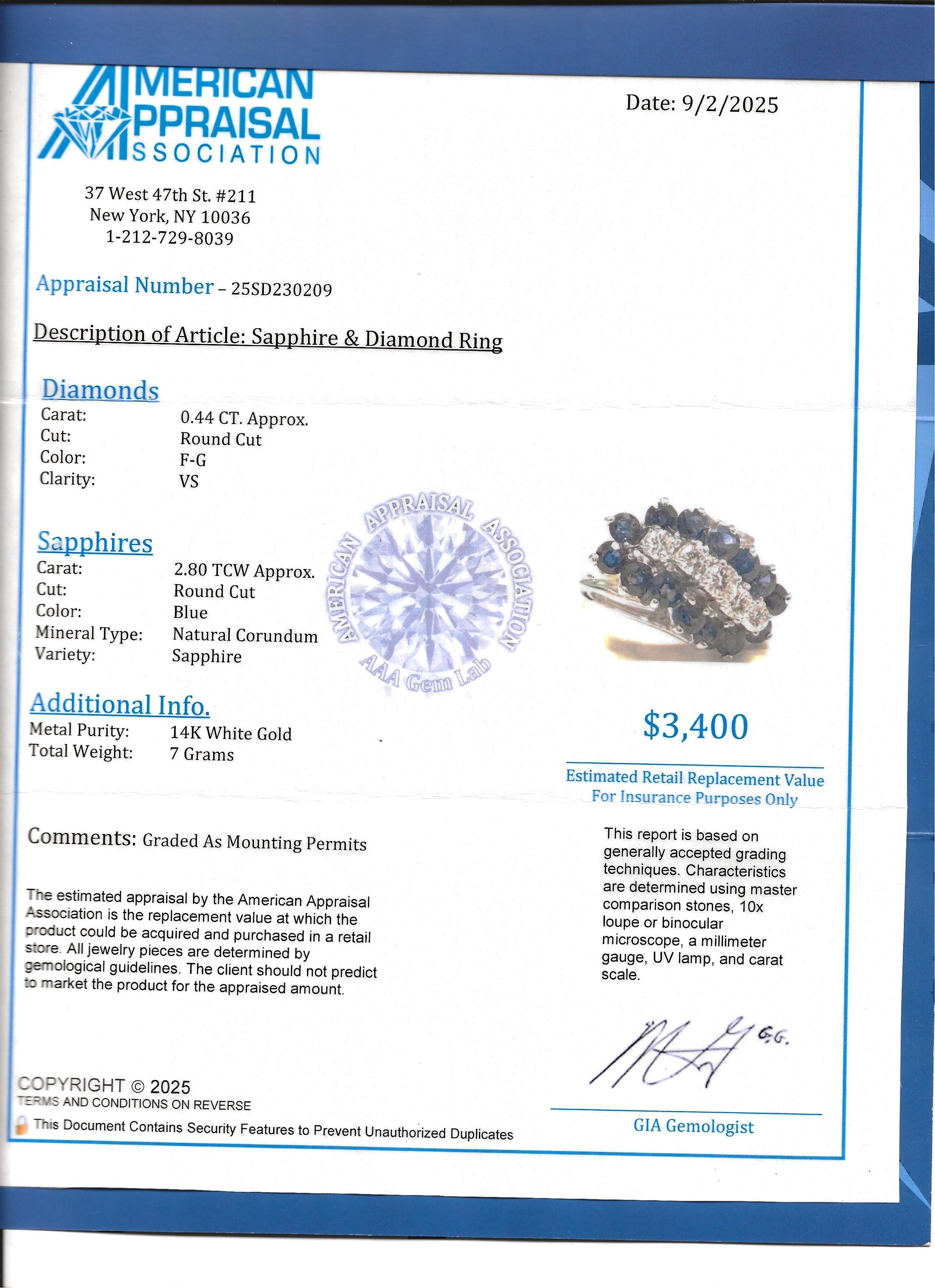 Runder Diamant und blauer Saphir Diagonale Cluster-Motiv-Ring 14 Karat Weißgold im Angebot 3