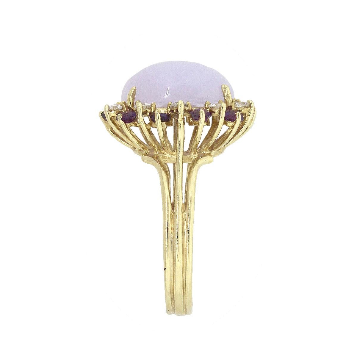 Style: Round Diamond Lavender Jade Ladies Ring
Material: 14k Yellow Gold
Gemstone Details: Oval Cabochon Lavender Jade measuring approx 13mm x 10mm. 0.30ctw of round amethyst stones.
Diamond Details: Approx. 0.30ctw of round cut diamonds. Diamonds