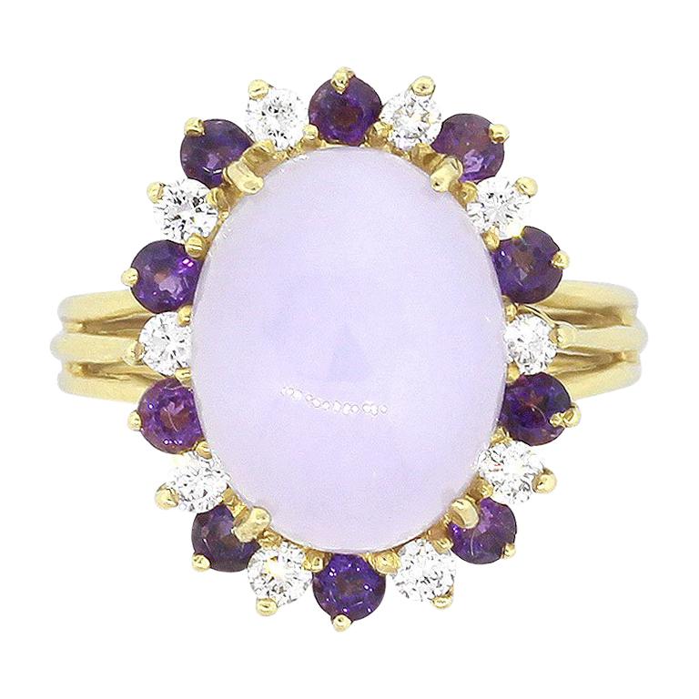 Round Diamond and Cabochon Lavender Jade Ladies Ring For Sale