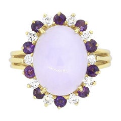 Round Diamond and Cabochon Lavender Jade Ladies Ring