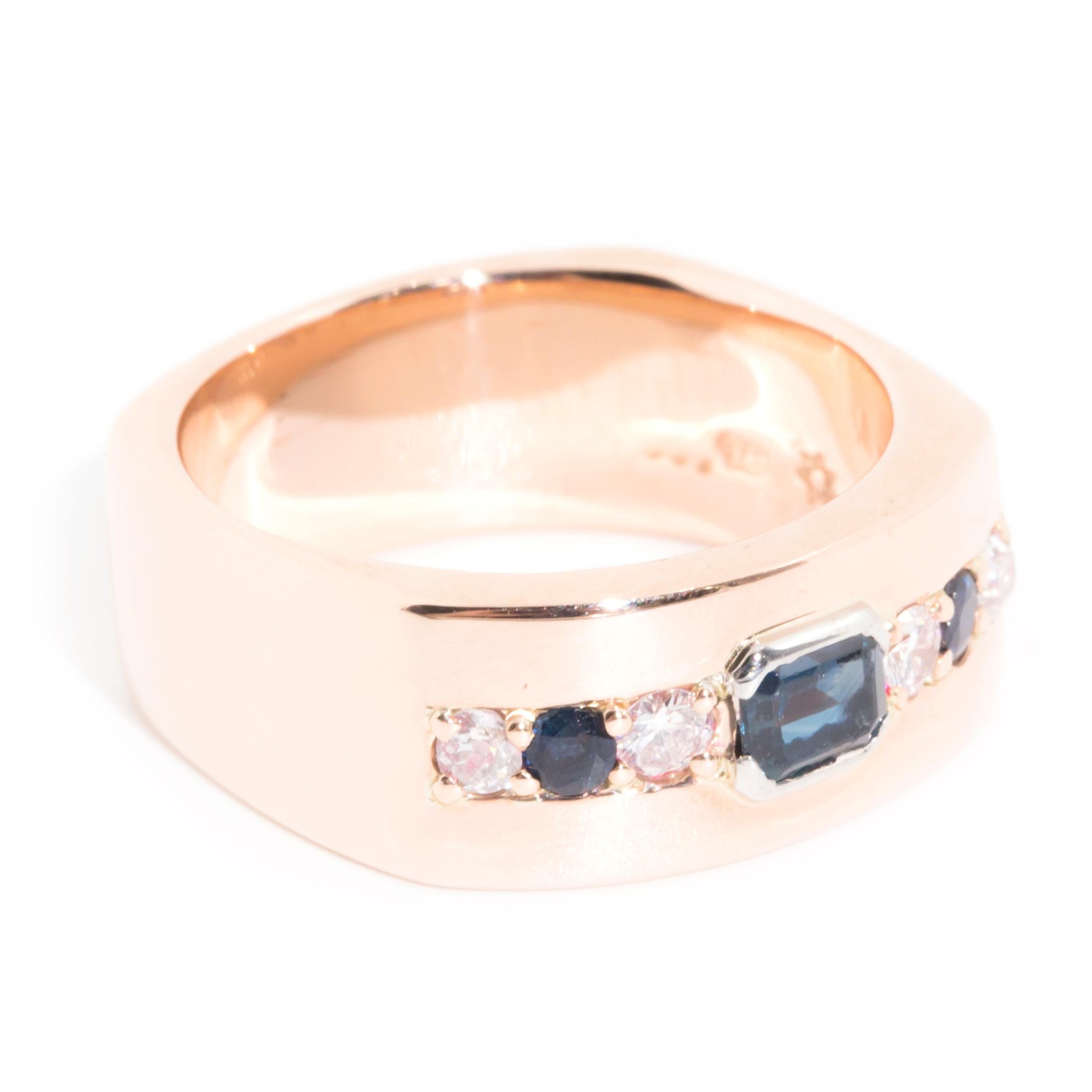 Emerald Cut Round Diamond and Deep Blue Sapphire Men's Vintage Ring in 9 Carat Rose Gold