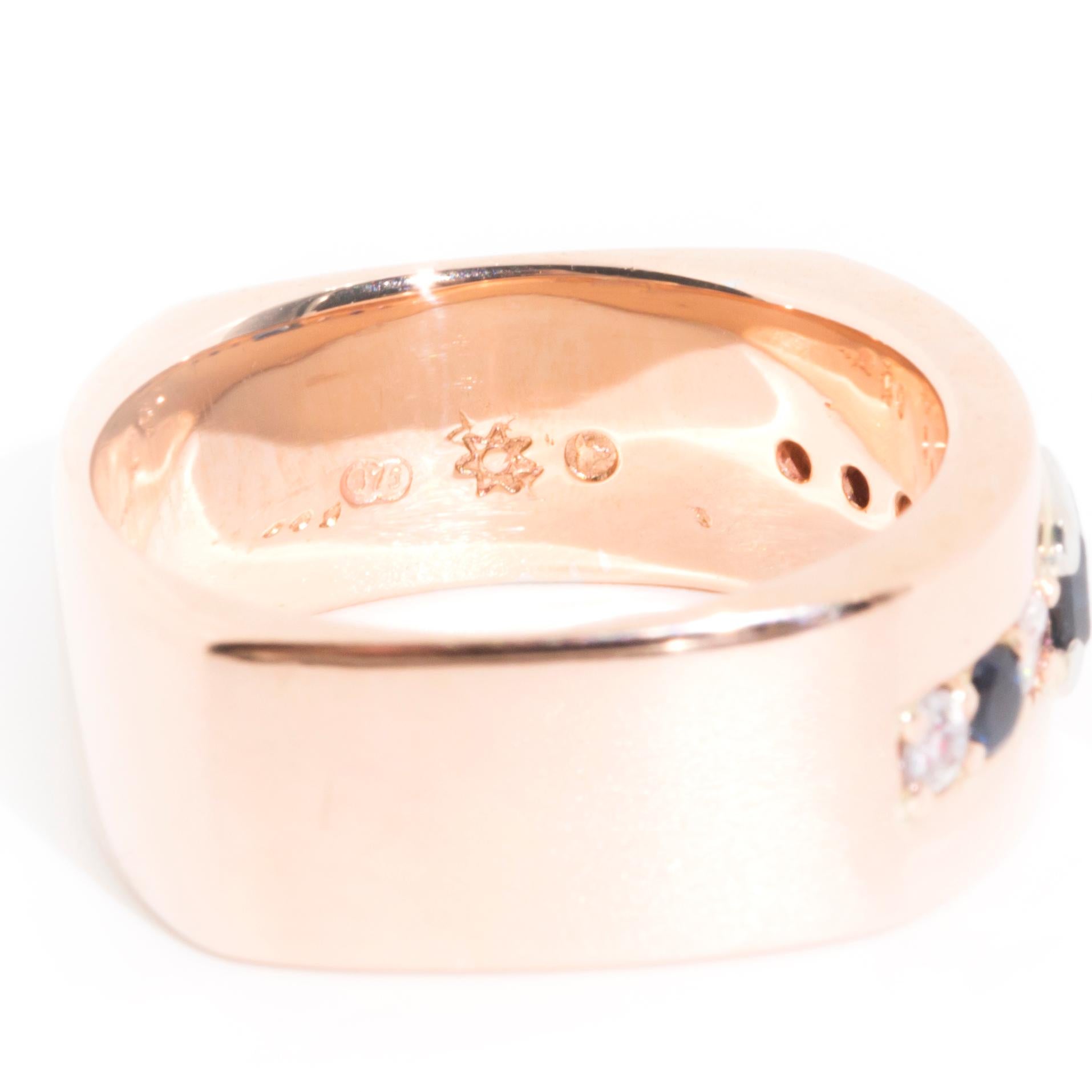 Women's or Men's Round Diamond and Deep Blue Sapphire Men's Vintage Ring in 9 Carat Rose Gold