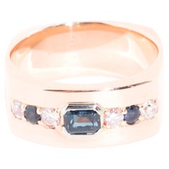Runder Diamant und tiefblauer Saphir Herren Vintage-Ring aus 9 Karat Roségold