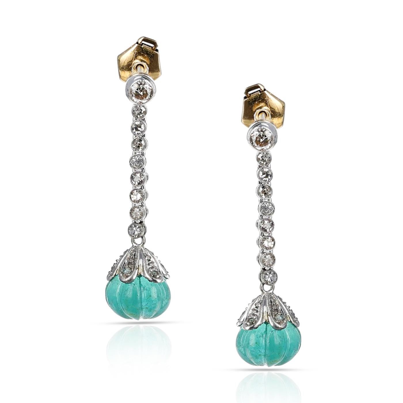 Women's or Men's Round Diamond and Emerald Carving Dangling Earrings, 18K White Gold For Sale