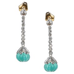Round Diamond and Emerald Carving Dangling Earrings, 18K White Gold