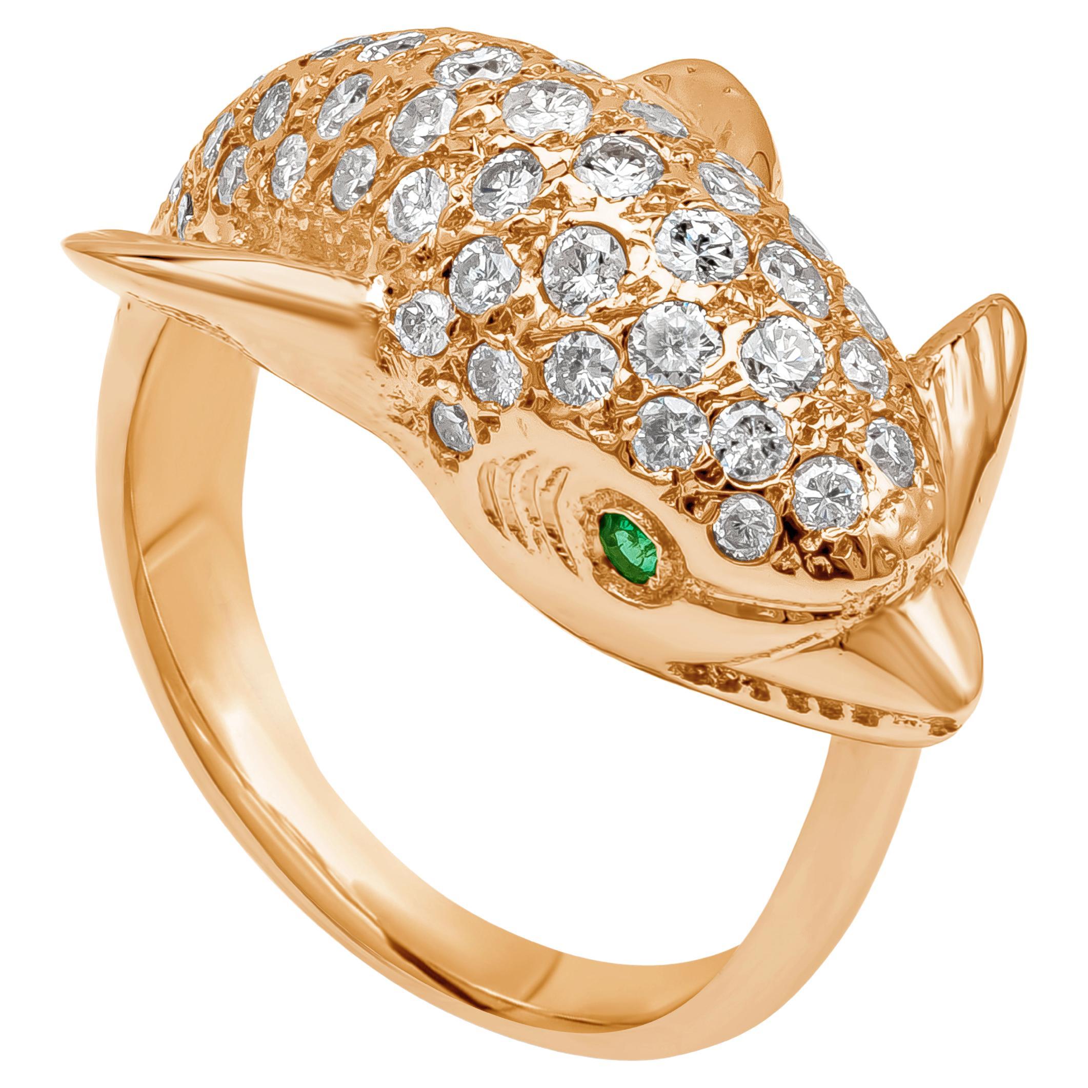1.15 Brilliant Round Cut Diamond and Green Emerald Dolphin Fashion Ring For Sale