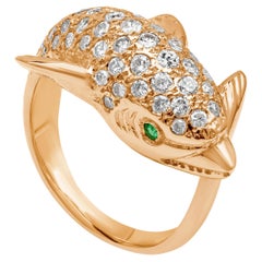 1.15 Brilliant Round Cut Diamond and Green Emerald Dolphin Fashion Ring