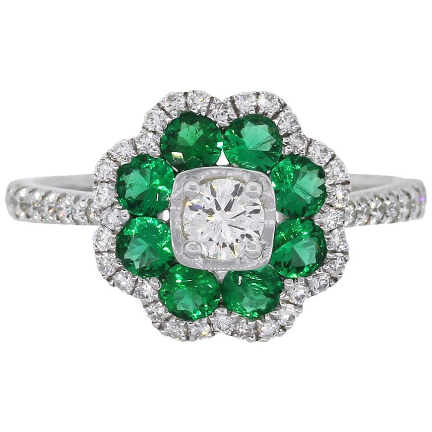 Round Diamond and Emerald Flower Ring