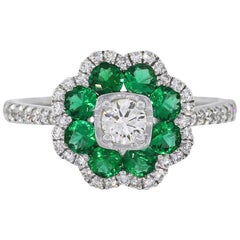 Round Diamond and Emerald Flower Ring