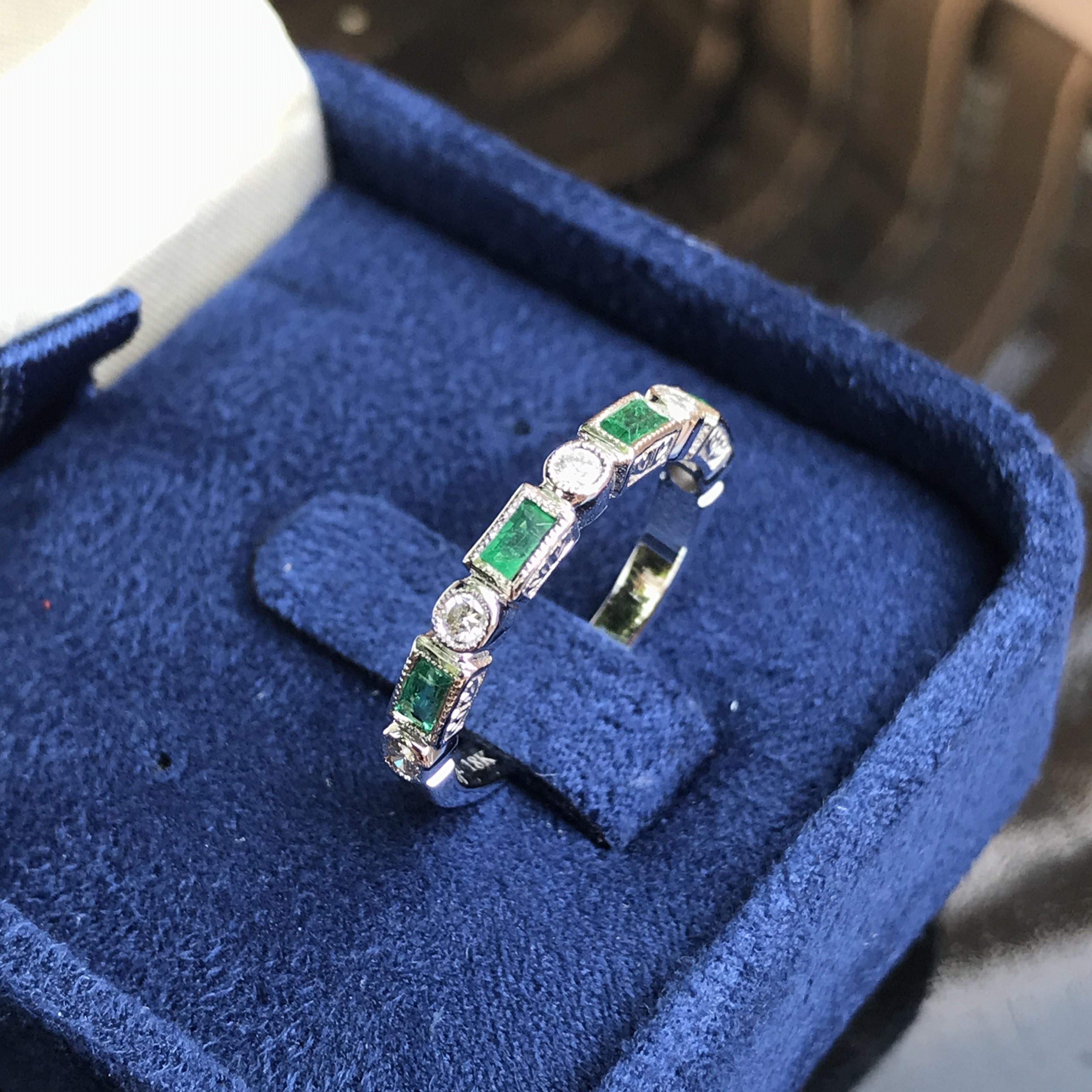 Art Deco Round Diamond and Emerald Half Eternity Band Ring in 14K White Gold For Sale
