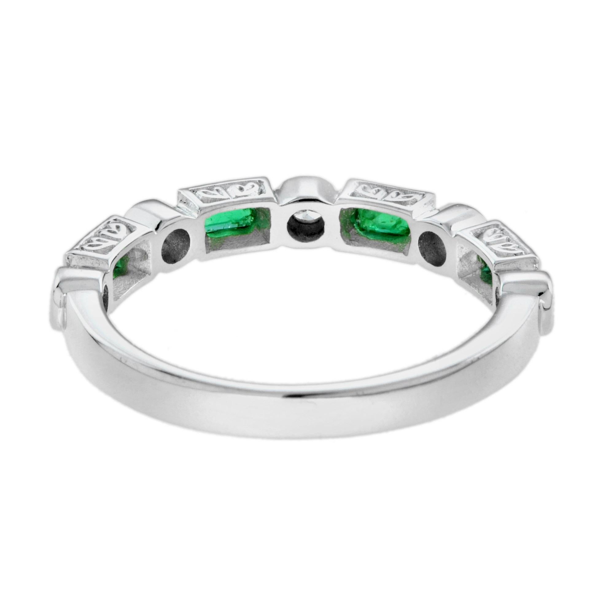 Round Diamond and Emerald Half Eternity Band Ring in 14K White Gold For Sale 1