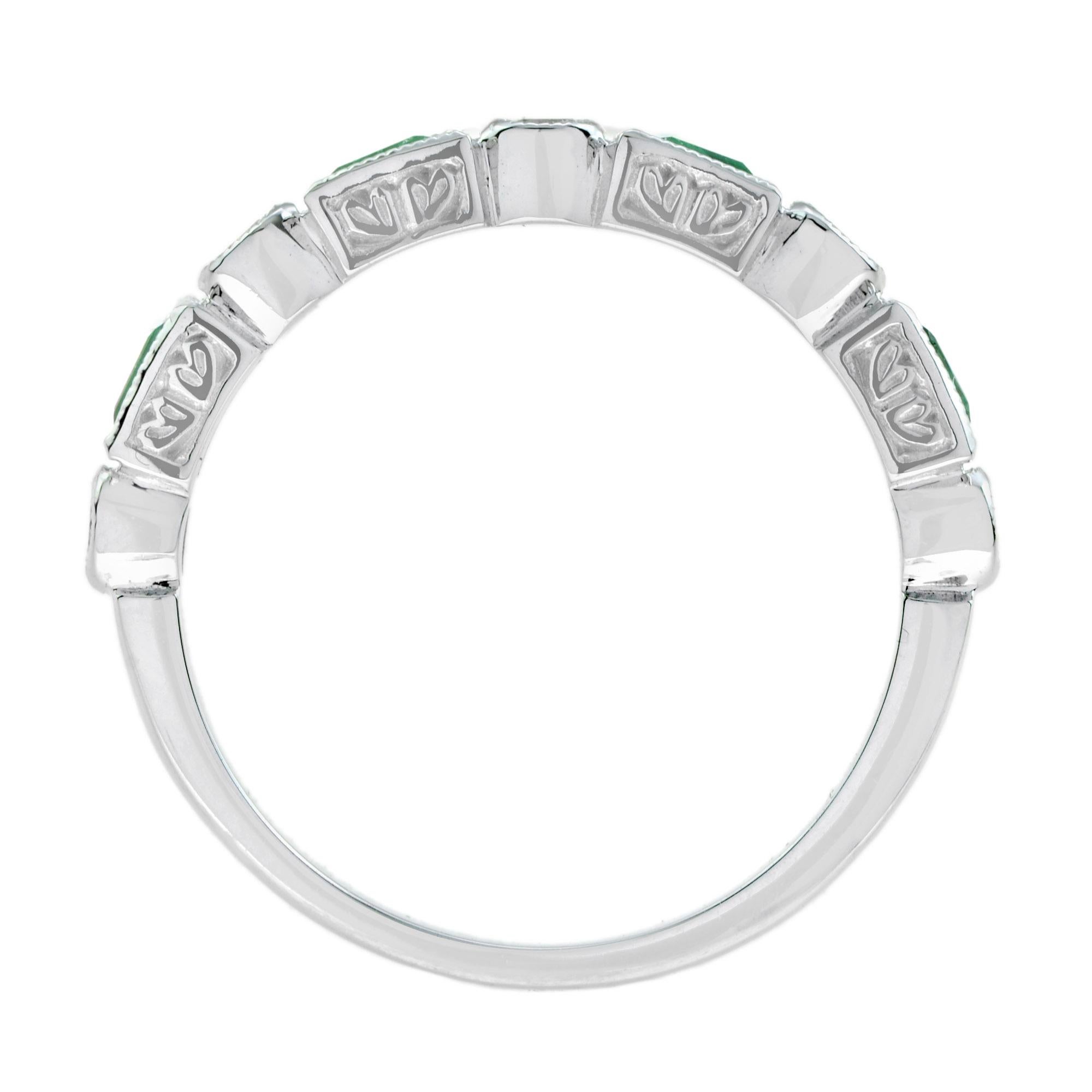 Round Diamond and Emerald Half Eternity Band Ring in 14K White Gold For Sale 2