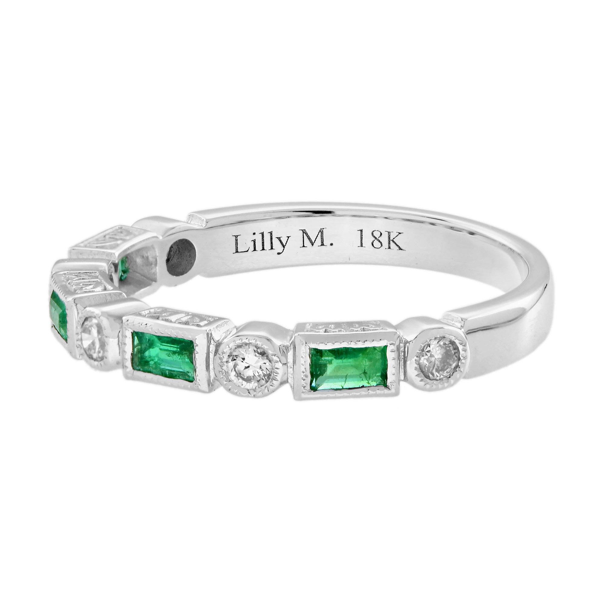 Round Diamond and Emerald Half Eternity Band Ring in 14K White Gold For Sale 3