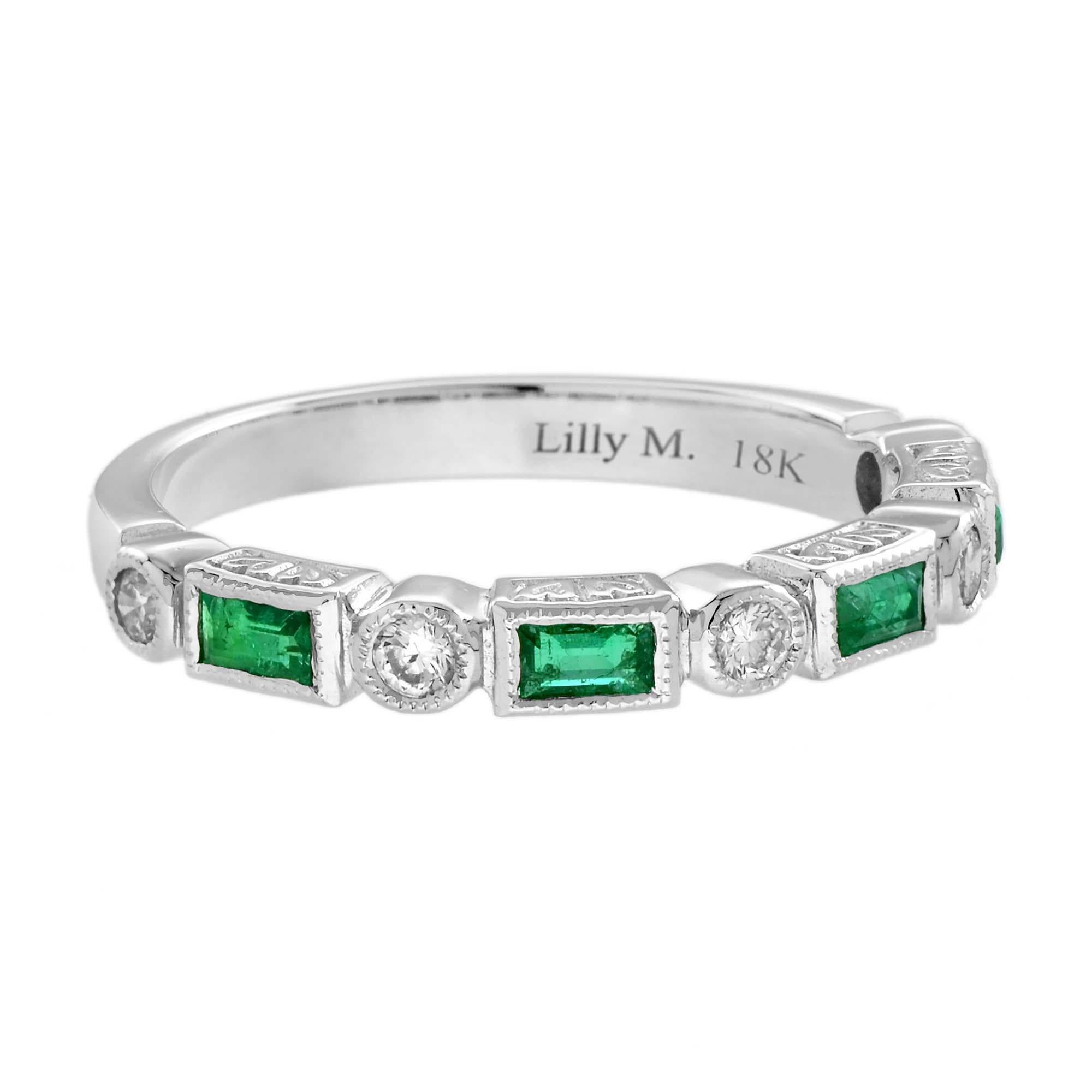 Round Diamond and Emerald Half Eternity Band Ring in 14K White Gold