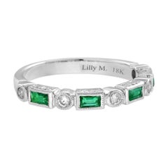 Round Diamond and Emerald Half Eternity Band Ring in 14K White Gold