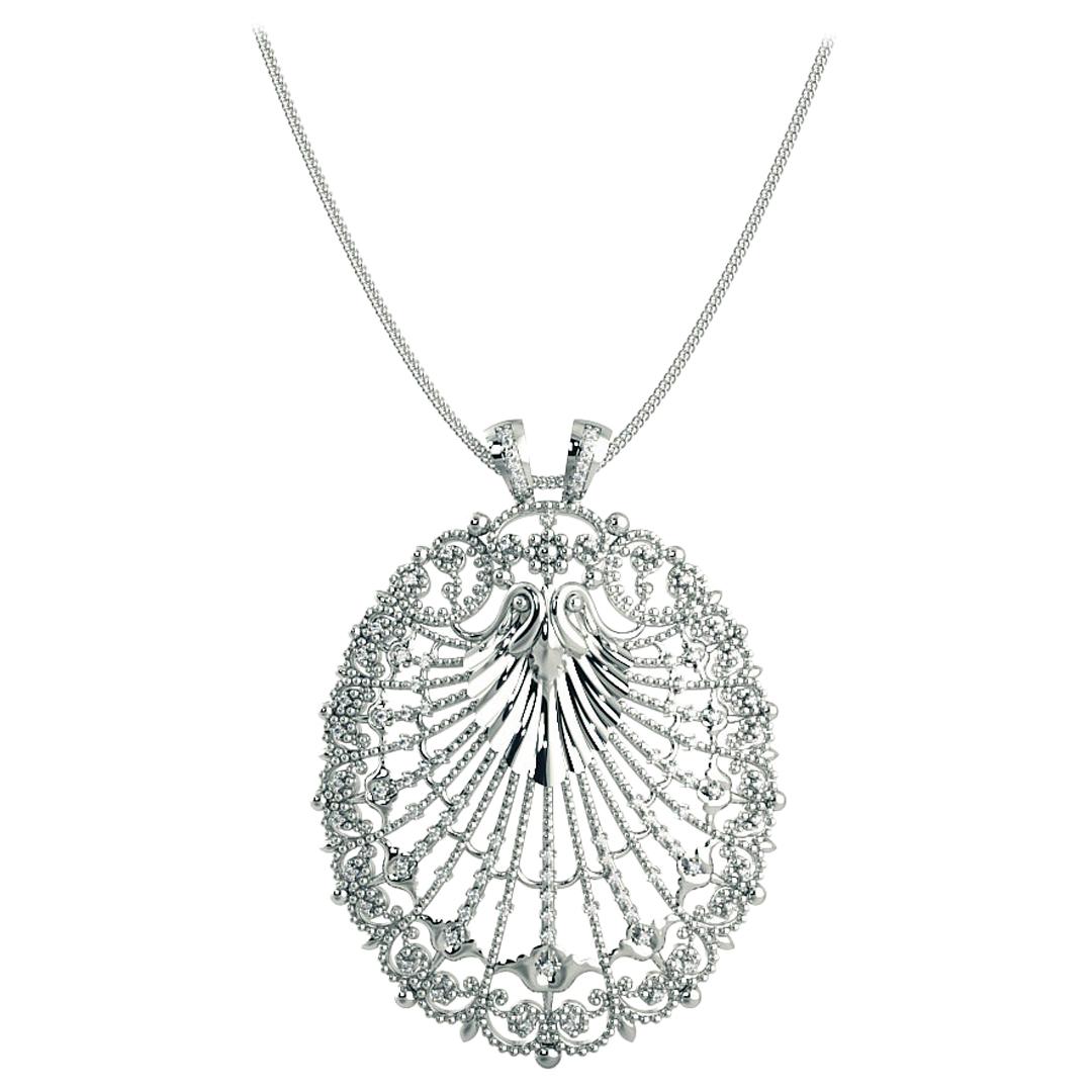 Round Diamond and Gold Cluster Pendent 14K White Gold with Necklace