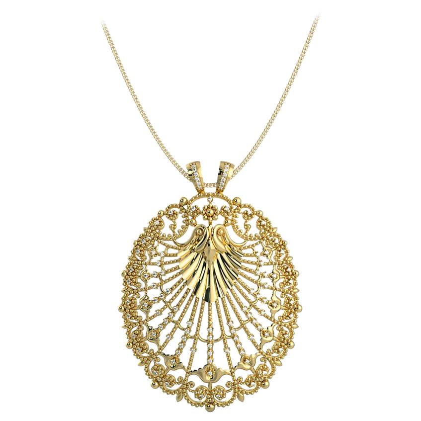 Round Diamond and Gold Cluster Pendent 14K Yellow Gold with Necklace For Sale
