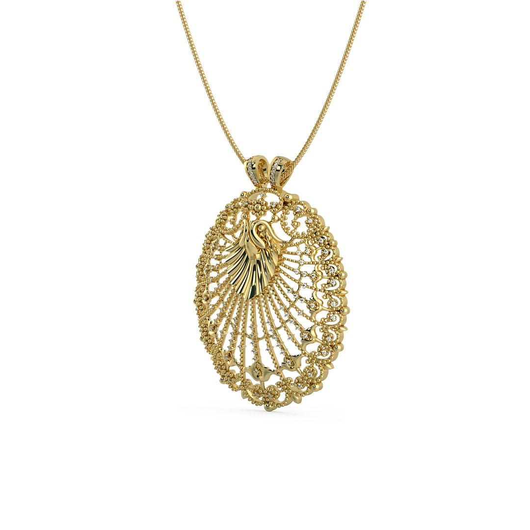 One of a kind 14K yellow gold round cluster pendant is set with 97 diamonds which are placed with detailed precision around the center of the pendent. Our hand crafted pendant is accompanied with a 14K necklace. 
Jewel Details:
Pendant -
97 Diamonds
