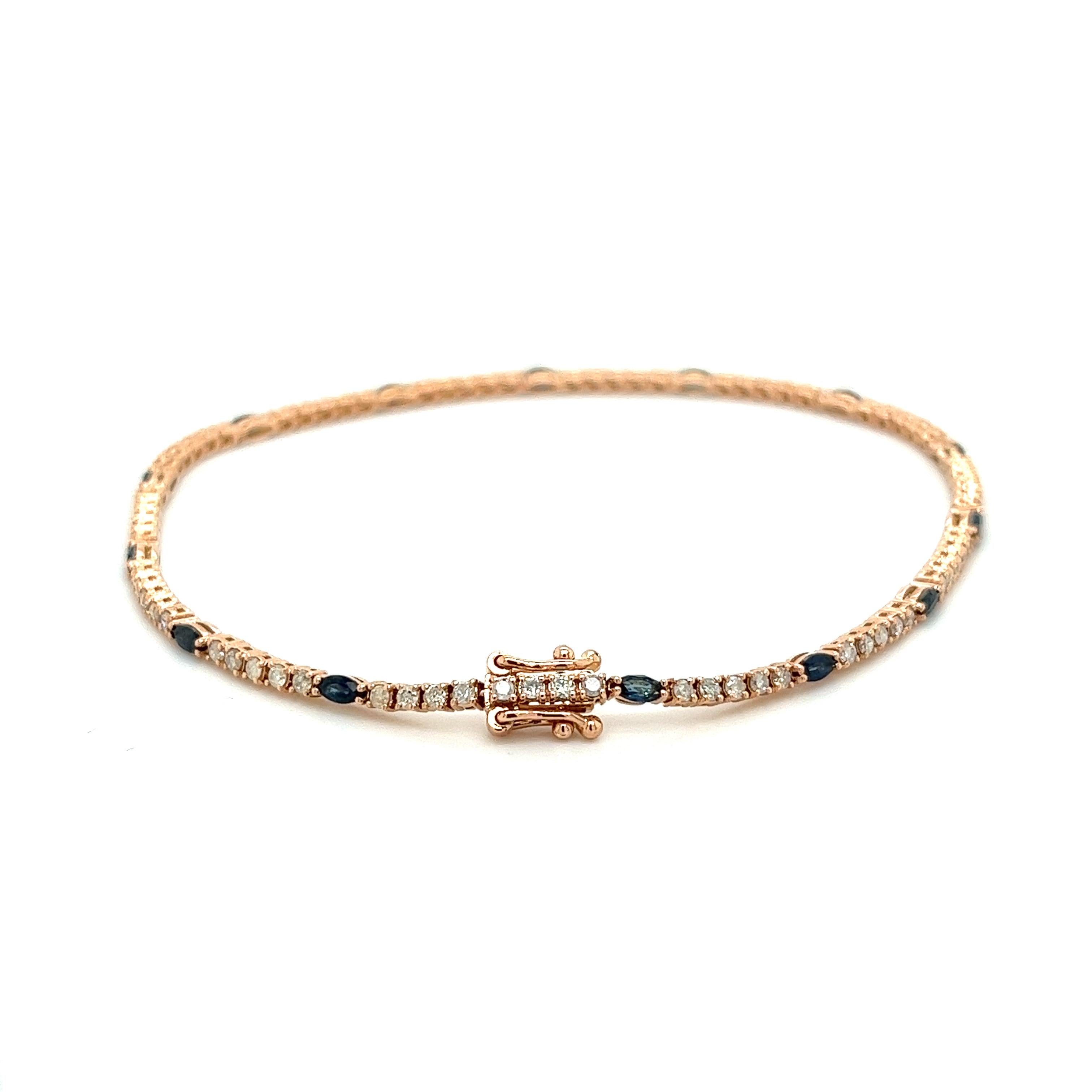 Women's 18k Rose Gold Round Cut Diamond and Marquise Cut Blue Sapphire Tennis Bracelet