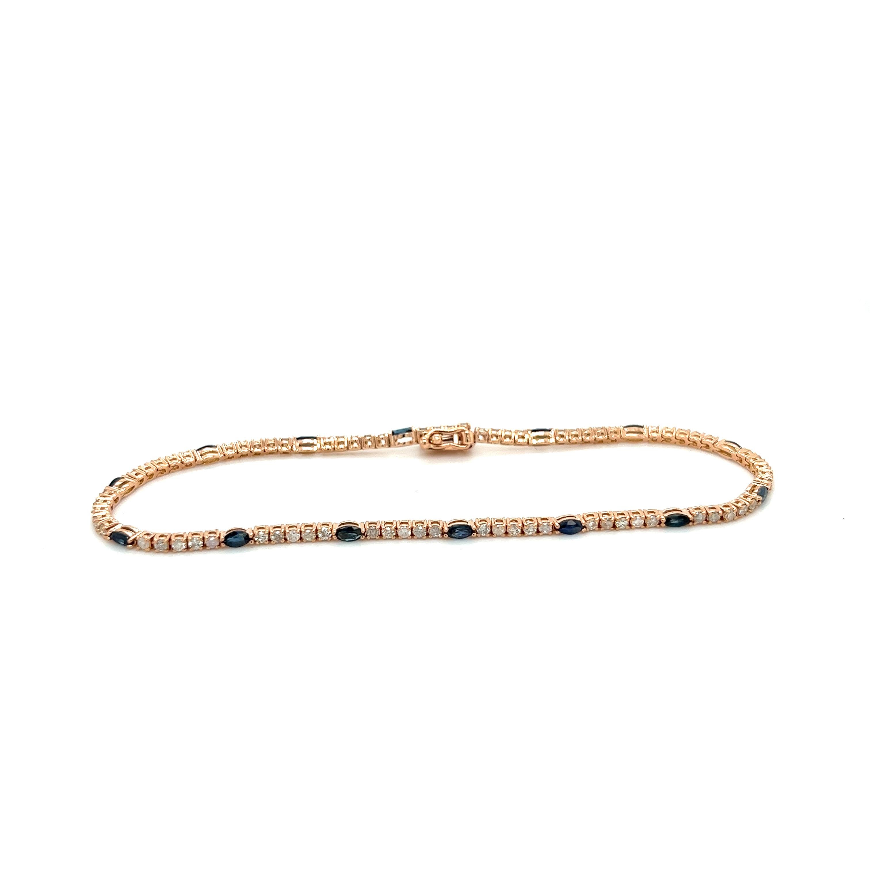 18k Rose Gold Round Cut Diamond and Marquise Cut Blue Sapphire Tennis Bracelet 2