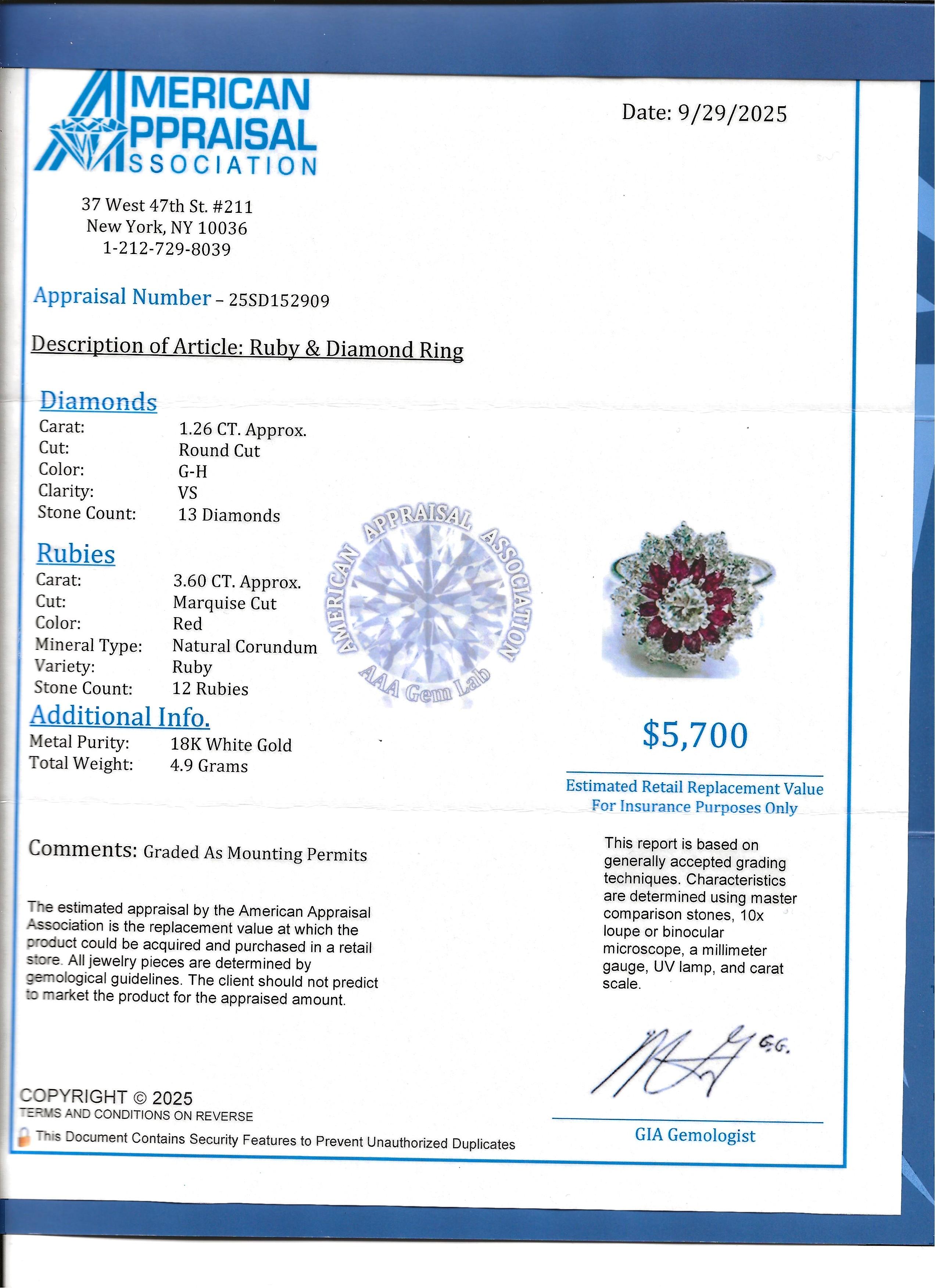 Anillo en forma de cúpula con diamante redondo y rubí talla marquesa en oro blanco de 18 quilates en venta 4