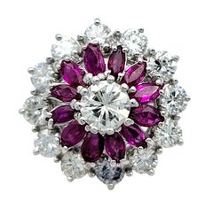 Round Diamond and Marquise Cut Ruby Clustered Dome Ring in 18 Karat White Gold