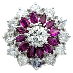 Round Diamond and Marquise Cut Ruby Clustered Dome Ring in 18 Karat White Gold
