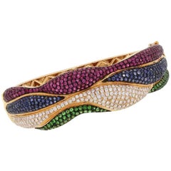 Round Diamond and Multi Gemstone Wide Bracelet