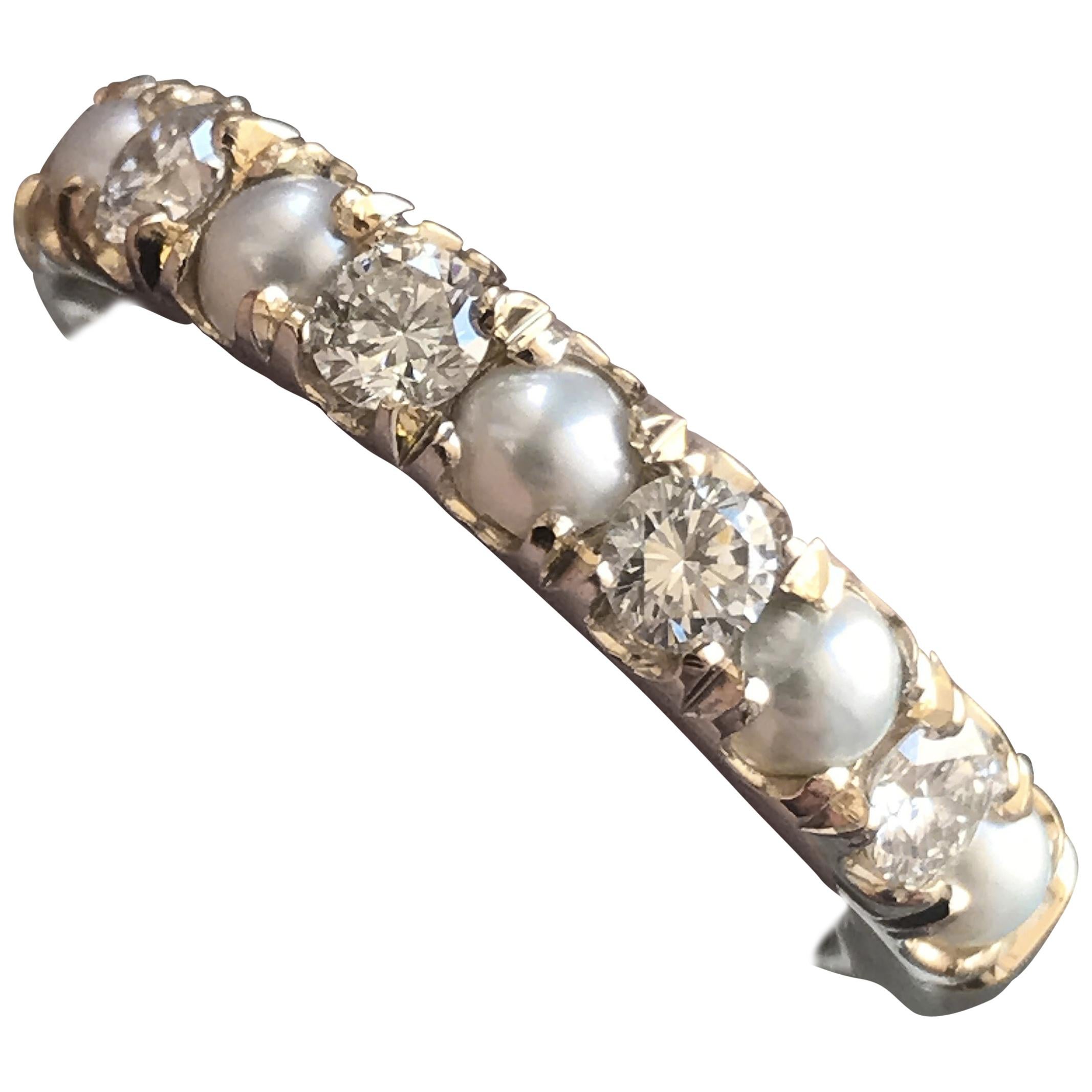 Round Diamond and Pearl Wedding Half Eternity Band, 14 Karat Y, Ben-Dannie For Sale