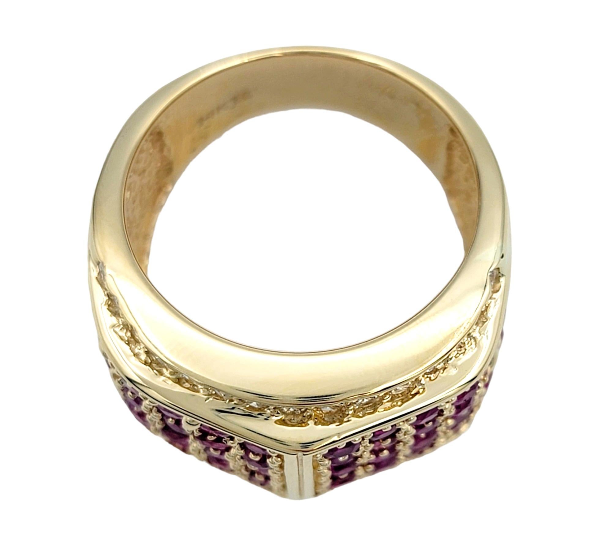 Contemporary Round Diamond and Pink Lab Sapphire Wide Band Ring in 14 Karat Yellow Gold For Sale