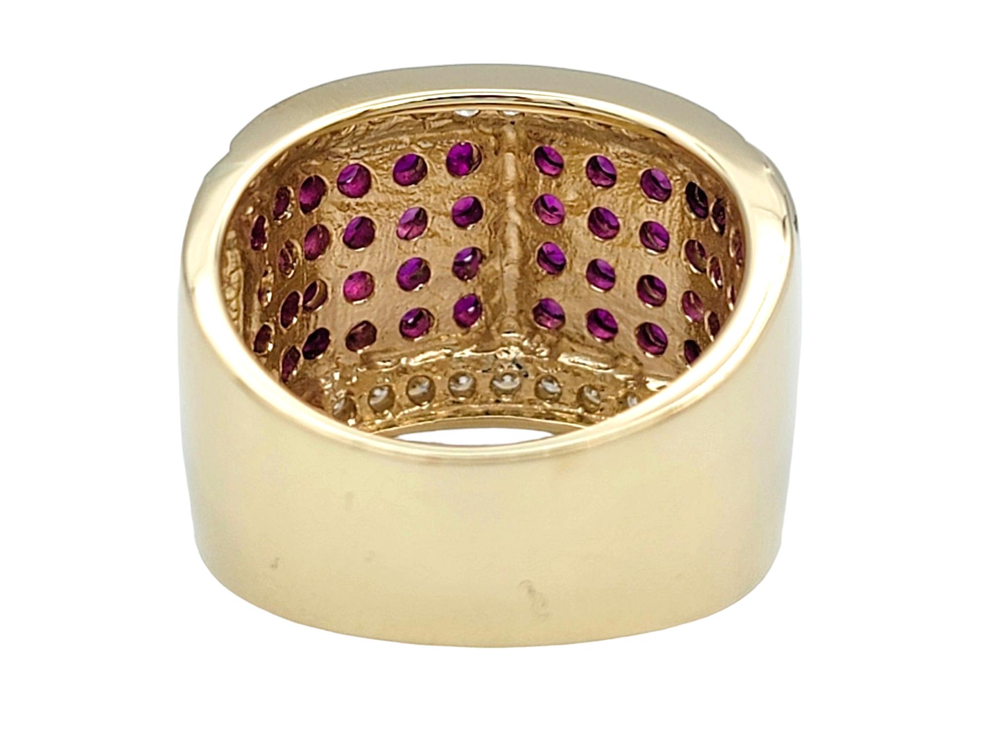 Round Cut Round Diamond and Pink Lab Sapphire Wide Band Ring in 14 Karat Yellow Gold For Sale