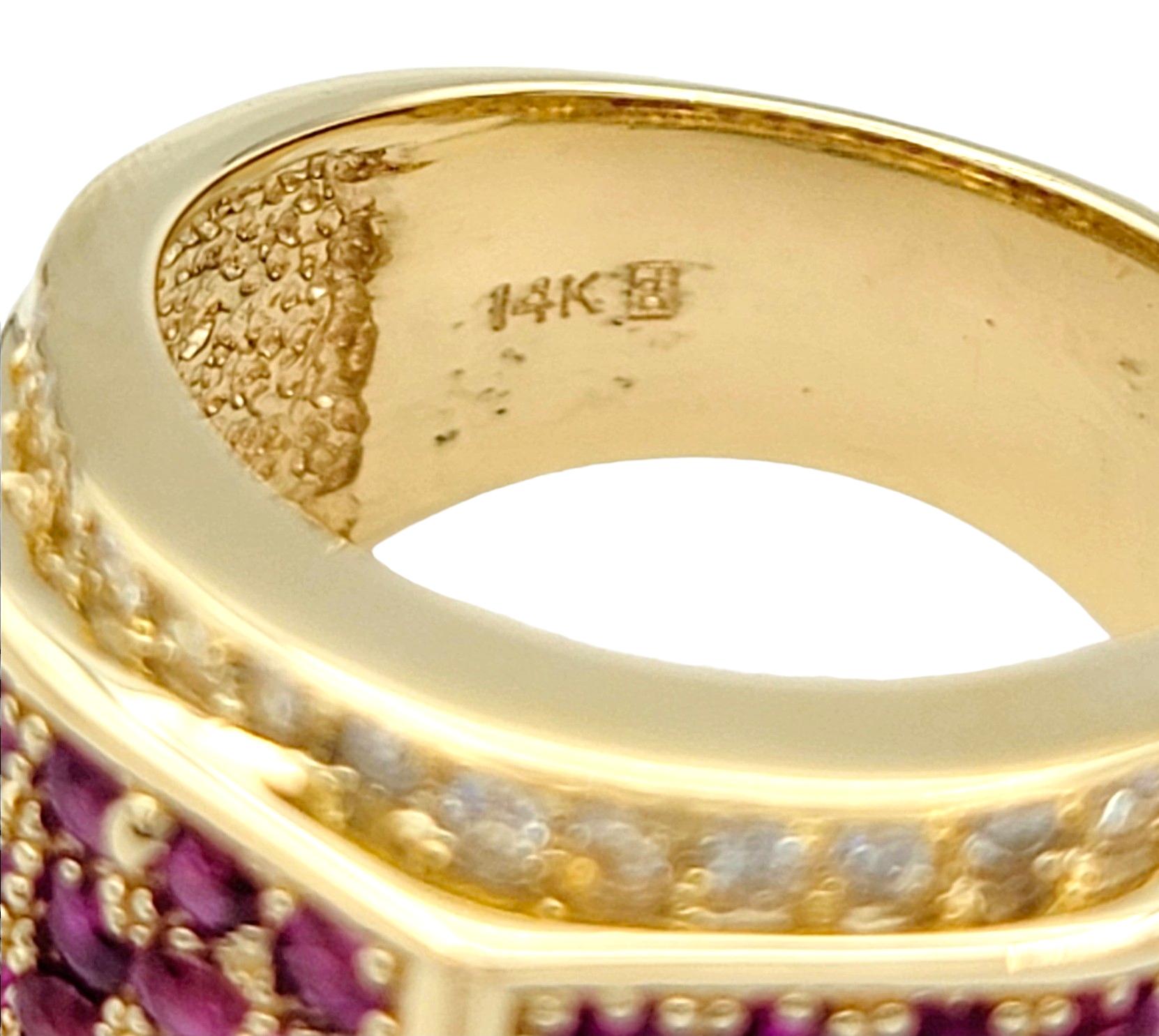 Round Diamond and Pink Lab Sapphire Wide Band Ring in 14 Karat Yellow Gold In Good Condition For Sale In Scottsdale, AZ