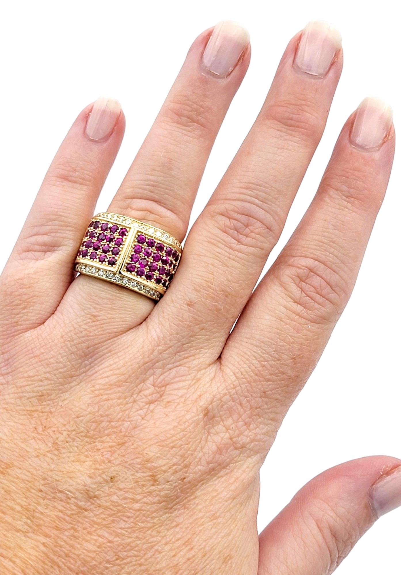 Women's Round Diamond and Pink Lab Sapphire Wide Band Ring in 14 Karat Yellow Gold For Sale