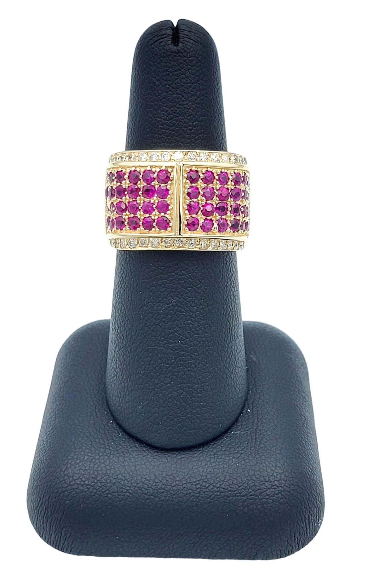 Round Diamond and Pink Lab Sapphire Wide Band Ring in 14 Karat Yellow Gold For Sale 1