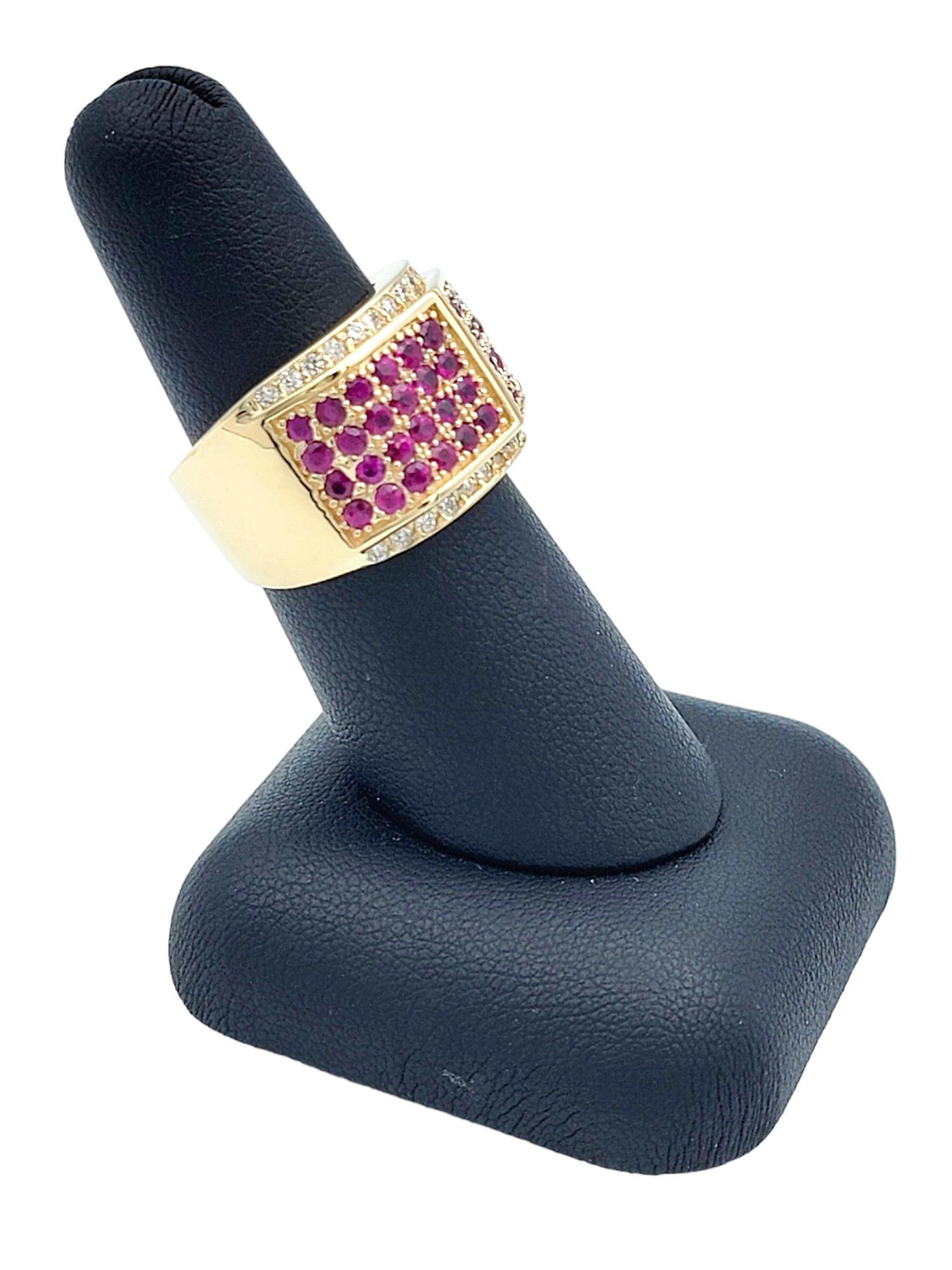Round Diamond and Pink Lab Sapphire Wide Band Ring in 14 Karat Yellow Gold For Sale 2