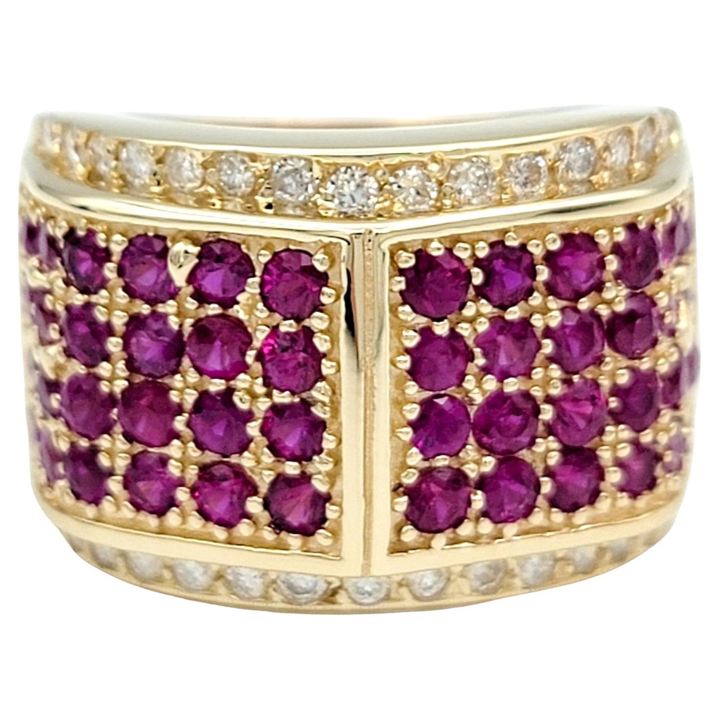 Anillo de oro amarillo de 14 quilates con diamante redondo y zafiro rosa de laboratorio de banda ancha
