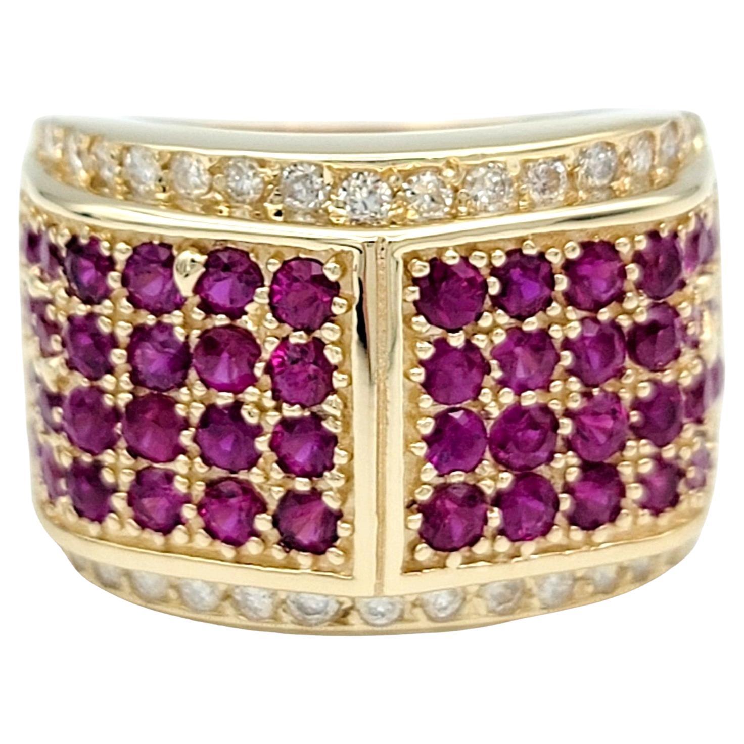 Round Diamond and Pink Lab Sapphire Wide Band Ring in 14 Karat Yellow Gold For Sale