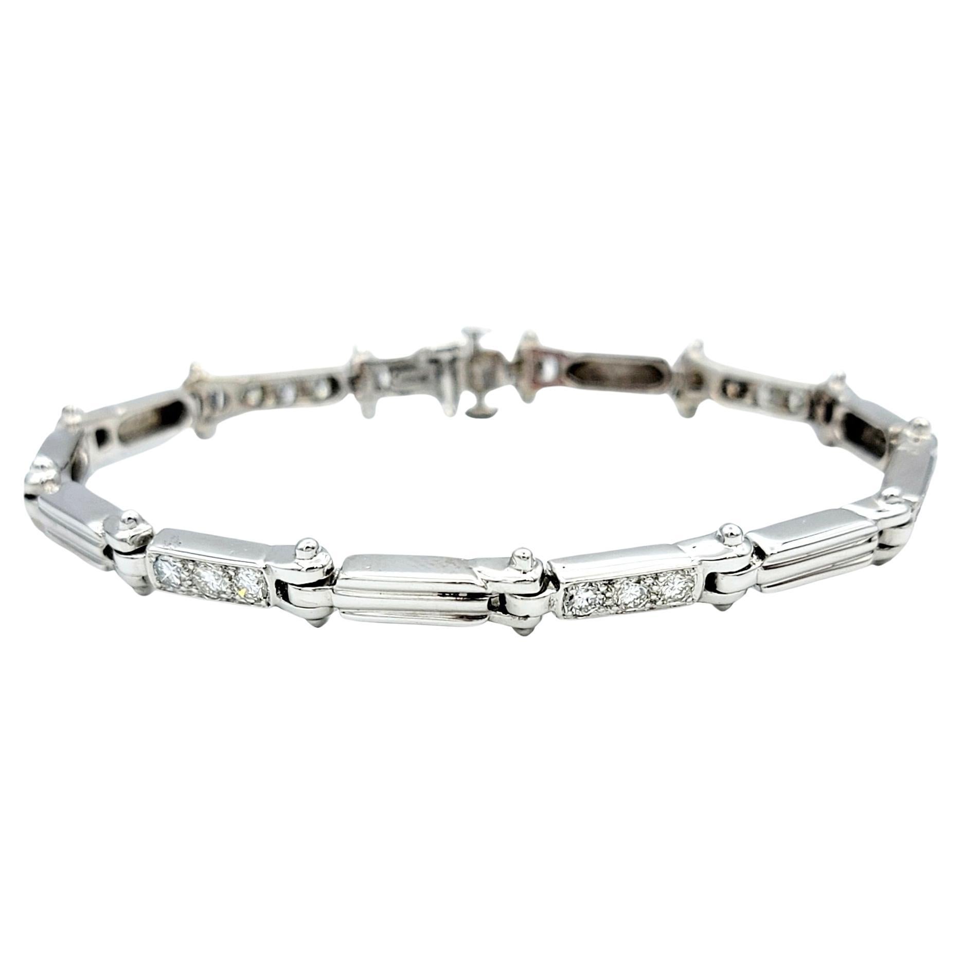 Round Diamond and Ridged Link Station Bracelet in 14 Karat White Gold, E-F / VS For Sale