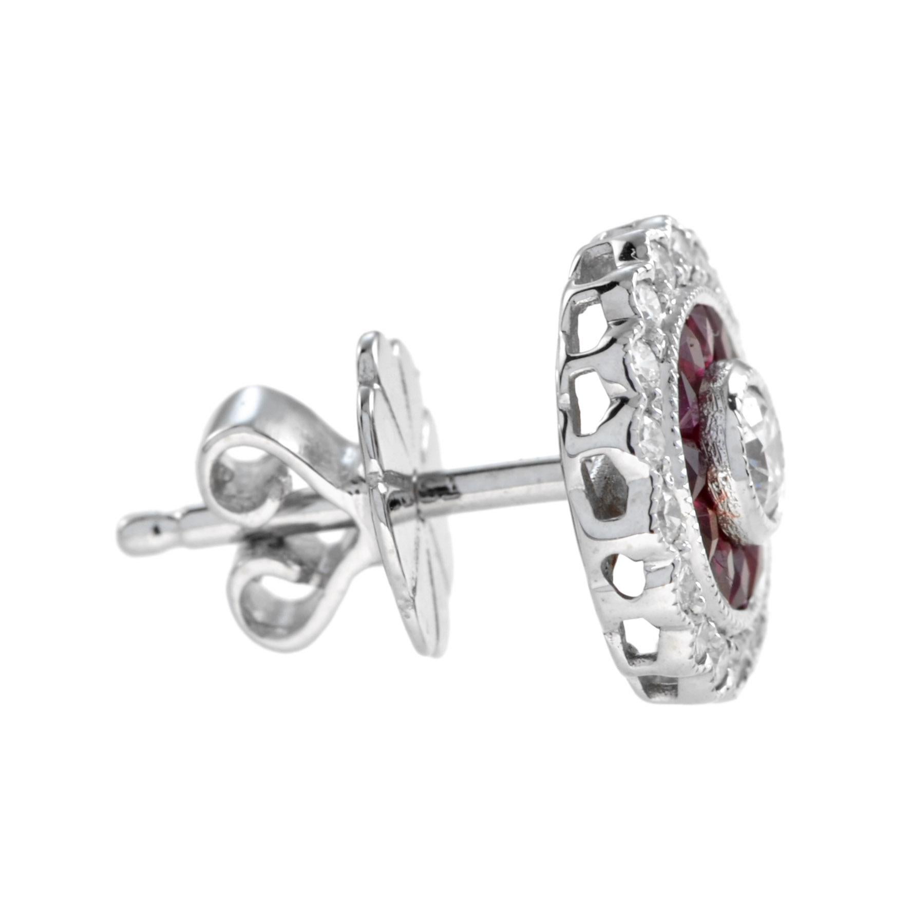 Round Cut Round Diamond and Ruby Art Deco Style Floral Stud Earrings in 18K White Gold For Sale