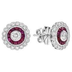 Round Diamond and Ruby Art Deco Style Floral Stud Earrings in 18K White Gold
