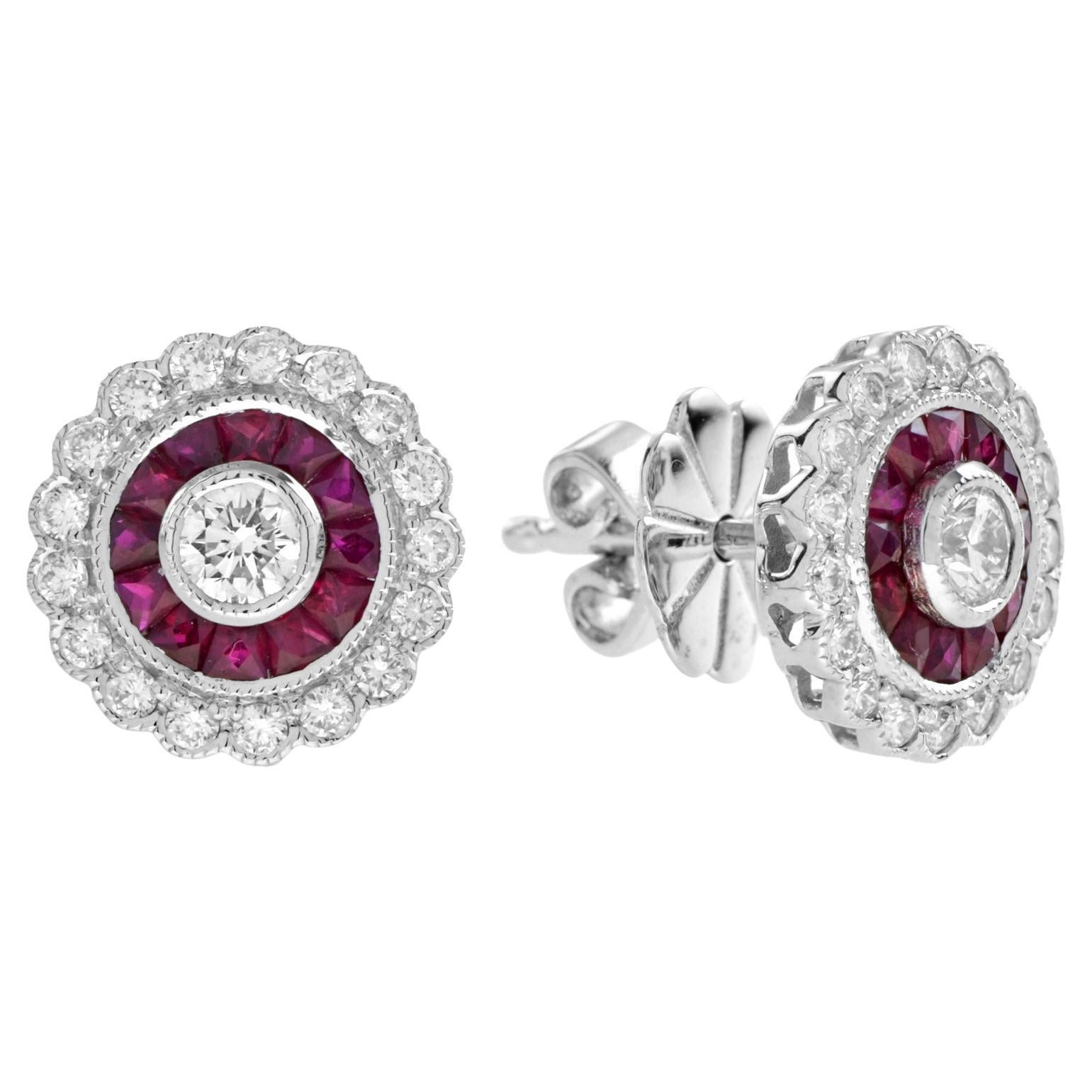 Round Diamond and Ruby Art Deco Style Floral Stud Earrings in 18K White Gold For Sale
