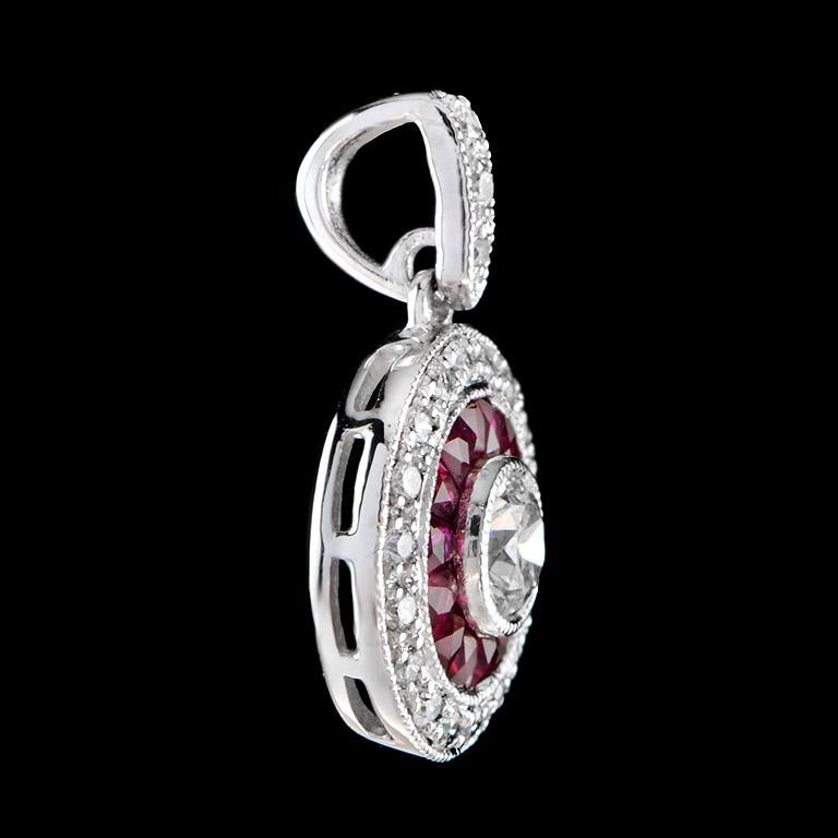 Women's or Men's Round Diamond and Ruby Double Halo Art Deco Style Pendant in 18K White Gold For Sale
