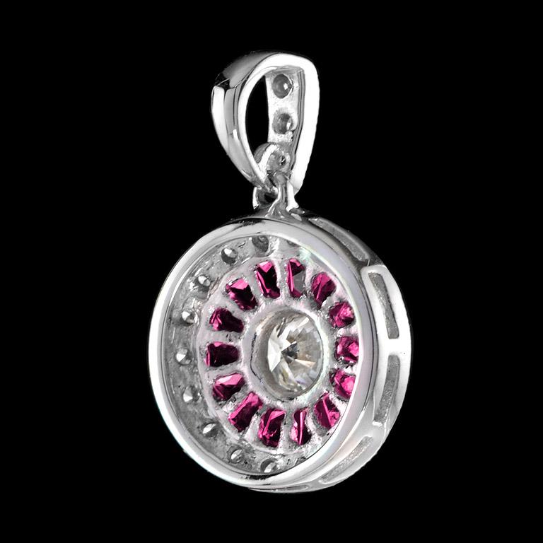 Round Diamond and Ruby Double Halo Art Deco Style Pendant in 18K White Gold For Sale 1