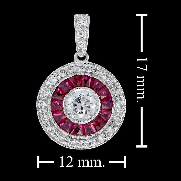 Round Diamond and Ruby Double Halo Art Deco Style Pendant in 18K White Gold For Sale 3