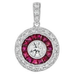 Round Diamond and Ruby Double Halo Art Deco Style Pendant in 18K White Gold