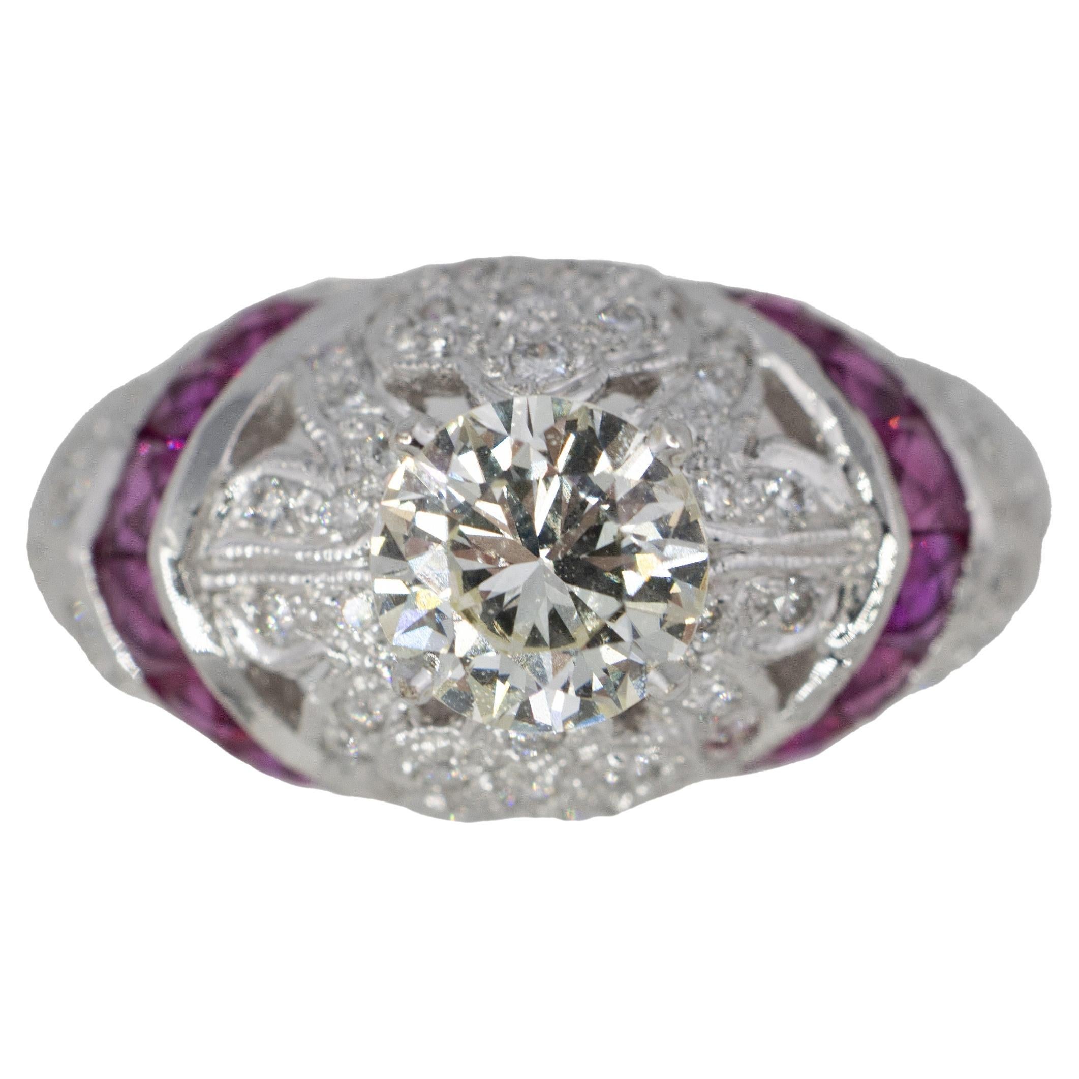 Round Diamond and Ruby Filigree Cocktail Ring For Sale
