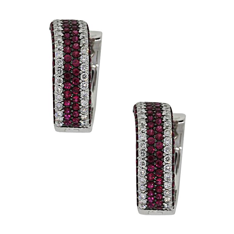Round Diamond and Ruby Large Huggie Earrings