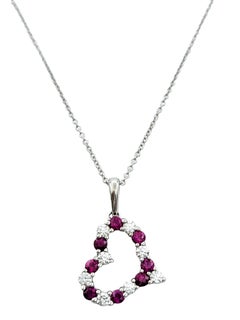 Round Diamond and Ruby Open Heart Pendant Necklace Set in 14 Karat White Gold